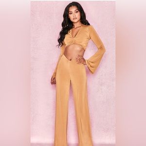 NWOT House Of CB CHIAKI & KAIYA Mustard Silky Jersey Ruched Set